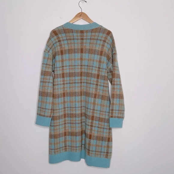 TALBOTS BIRD'S EYE PLAID OPEN FRONT CARDIGAN IN CANDIED BLUE/CAFE WOOL BLEND - Picture 4 of 8